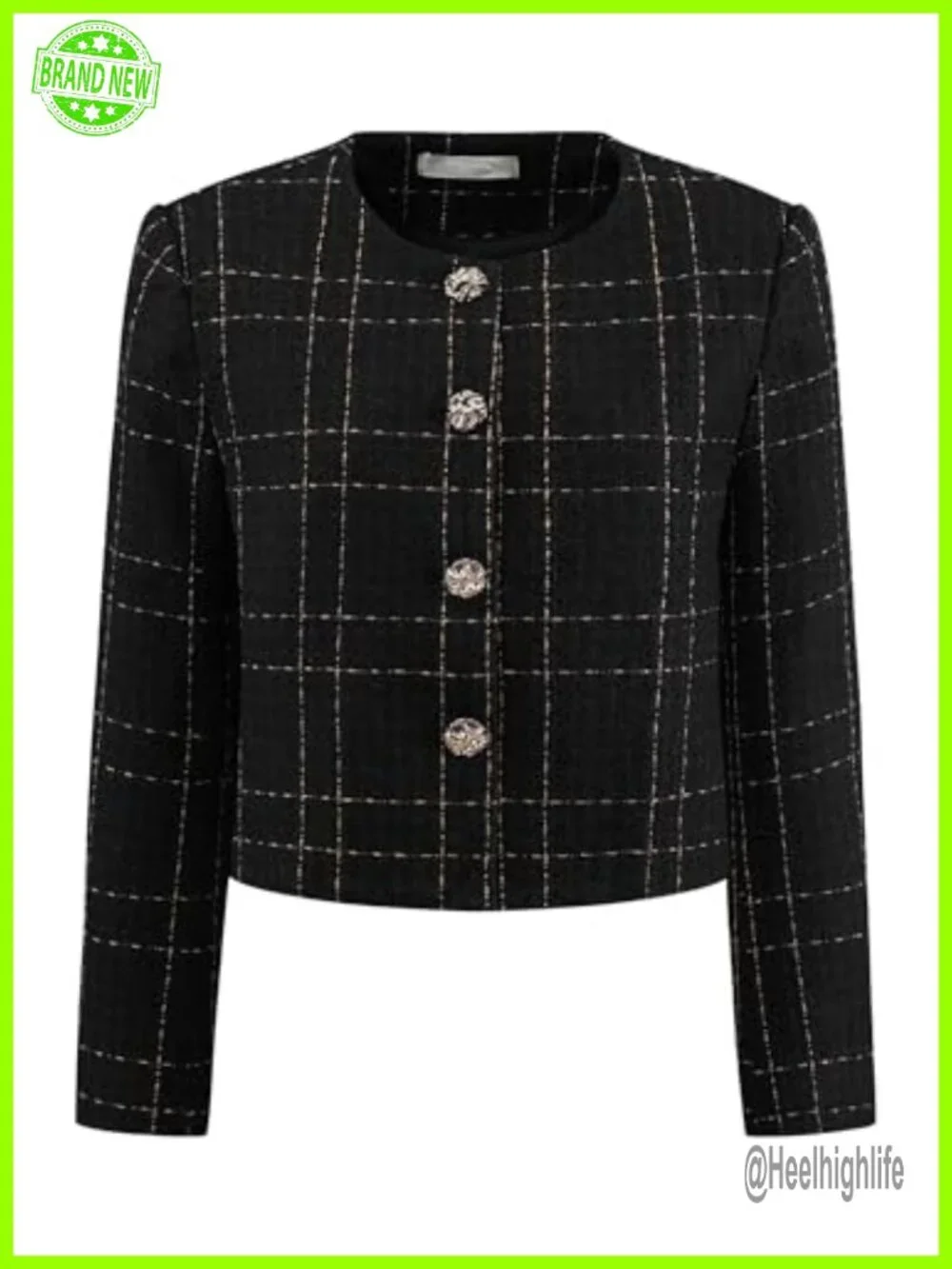 Womens Collarless Blazer Plaid Button Front Crop Tweed Jacket